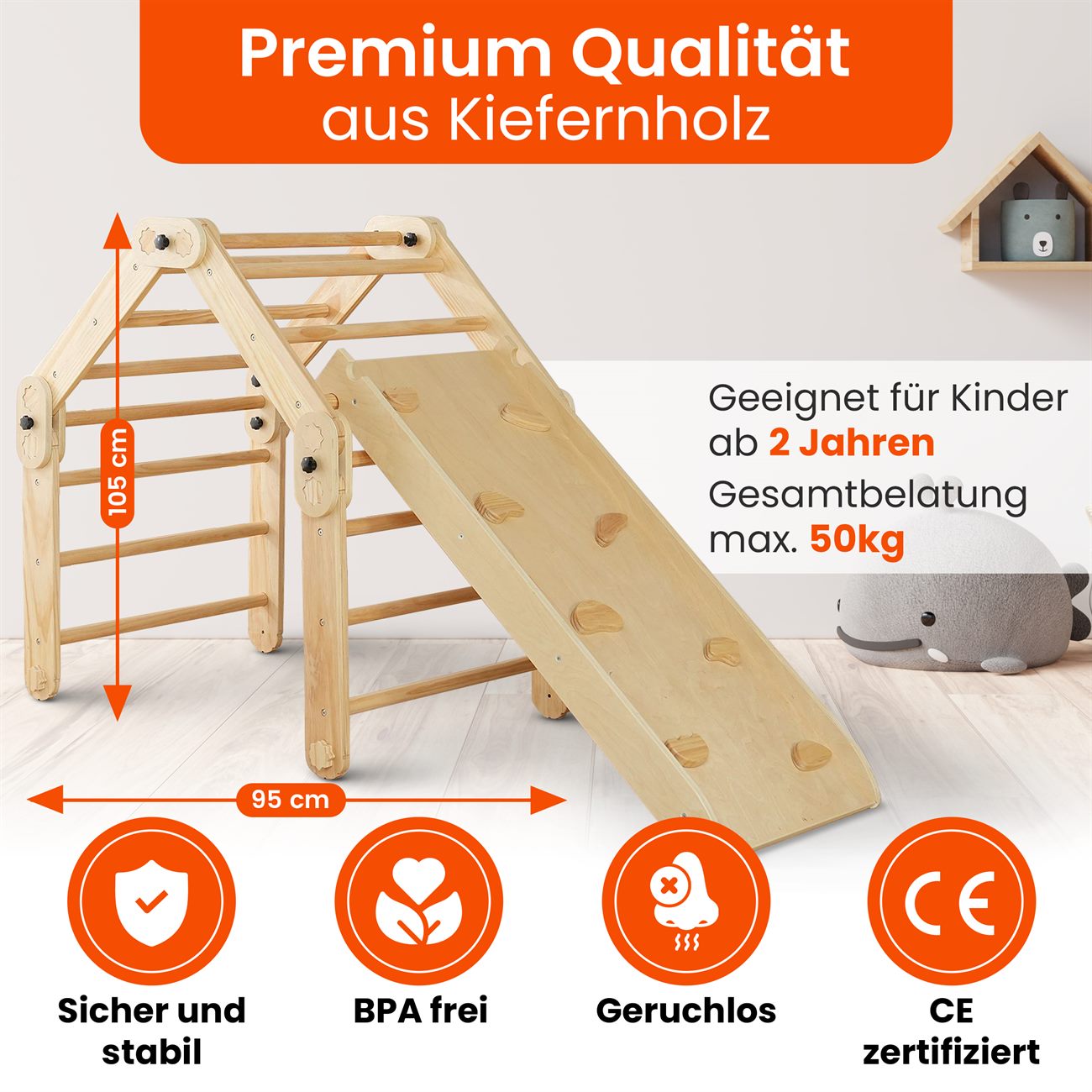 Maßzeichnung: 105 cm hoch, 95 cm breit, bis 50 kg, ab 2 Jahren
